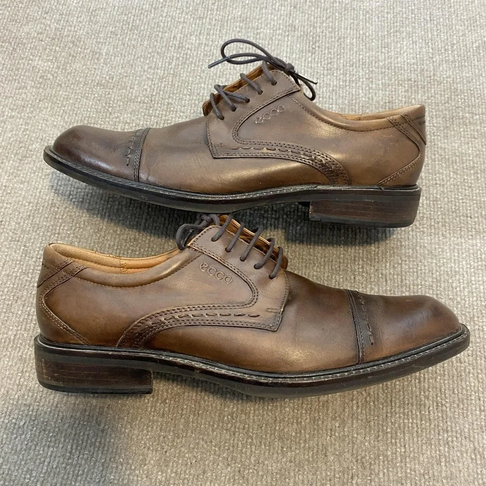 ECCO Shoes Mens Size 9.5 W Brown Leather Cap Toe Derby Square Toe Oxfords BIOM‎